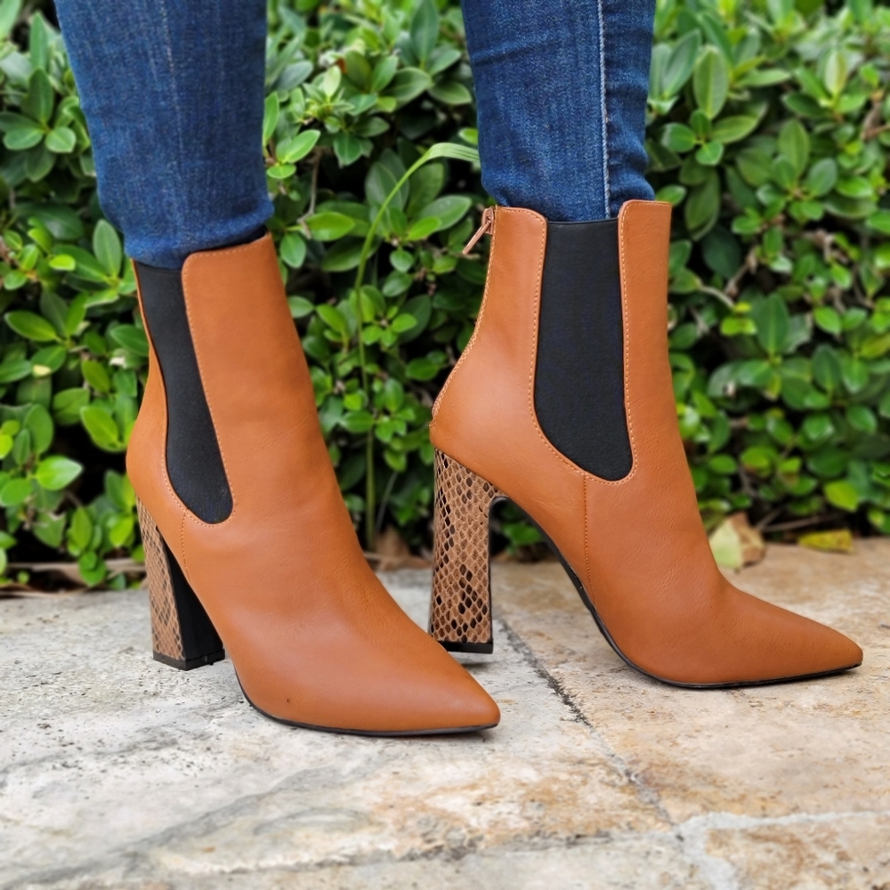 Ankle Zip Boots Pointed Toe Chunky Printed Block Heels - Picture 2 of 5